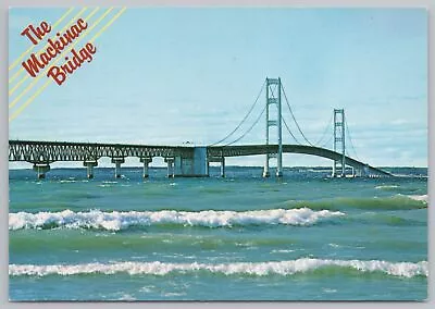 State View~Mackinac Bridge Connecting Lakes Huron & MI~Continental Postcard • $1.35
