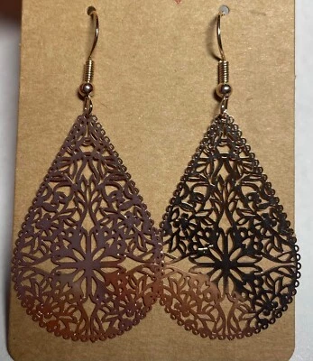 HANDMADE Rose Gold Plated Tear Drop Laser Cut Floral Hook Earrings • $11.95