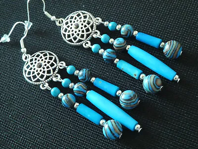 Native American Turquoise & Blue Malacite Chandelier Long Drop Dangle Earrings • £9.69