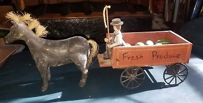 Vintage Sparger Miniature Folk Art Wood Man W Watermelon Cart Horse Pulled Wagon • $124.99