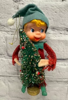 Vtg  Knee Hugger Elf Pixie Burlap With Bottle Brush Christmas Tree Japan • $24