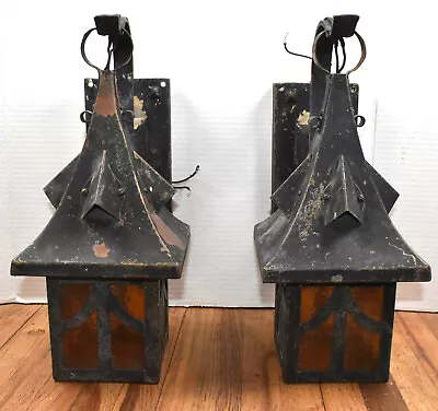 RARE Antique Pair  Copper Witch Hat Gothic Bungalow Porch Sconce Light Fixtures • $895