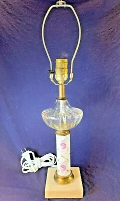 Vintage MCM White Satin Glass Lamp Hand Painted Floral Lamp Marble Base Rewired • $24.95