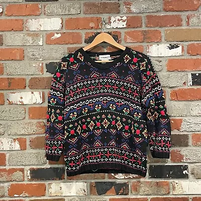 Vintage 90s Funky Colorful Hand Knit Sweater Embroidered Jennifer Reed M Plaid • $25