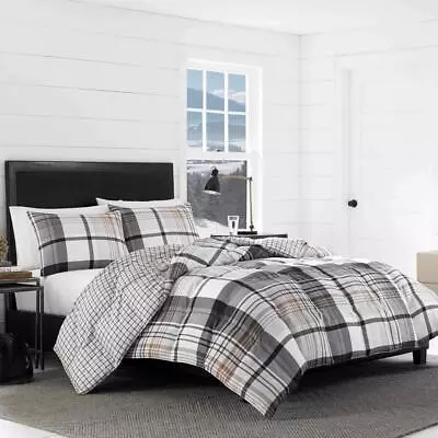 EDDIE BAUER Comforter Set 3Pcs Reversible Polyester Black Plaid Micro Suede King • $108.91