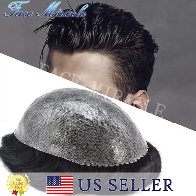 Full PU Mens Toupee For Men Human Hair Replacement System Skin Poly Hair Piece • $99.99