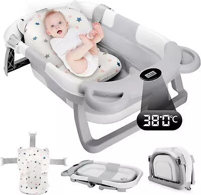 Baby Bath Tub Foldable Bathtub Toddler Bath Tub With Thermometer And Cushion • £35.99