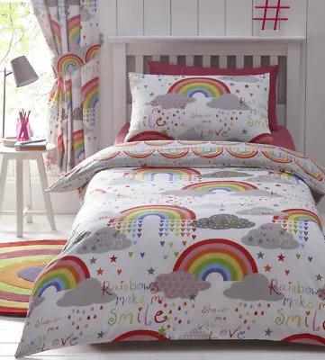 Multi Clouds And Rainbows Kids Colourful Reversible Bedding Curtain Matching • £25.99