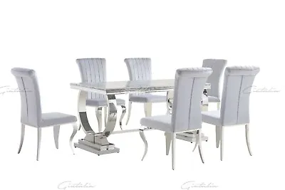 £154.99 • Buy Vienna Grey Marble Chrome Dining Table & Grey Velvet Chrome Louis Chairs Sets