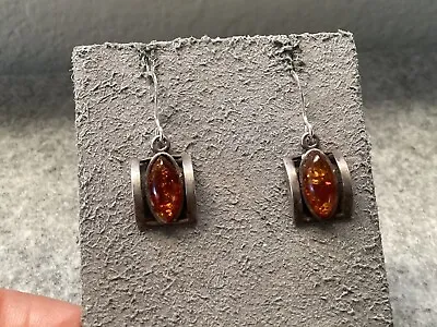 Vintage Estate Sterling Silver Polish Baltic Amber Dangle Earrings • $39.99