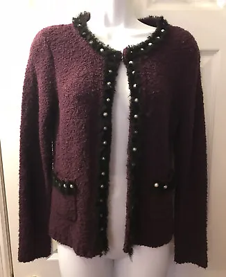 ECI New York Boulce Jacket Blazer Coat Purple Black Wool Faux Pearl Career Sz S • $27