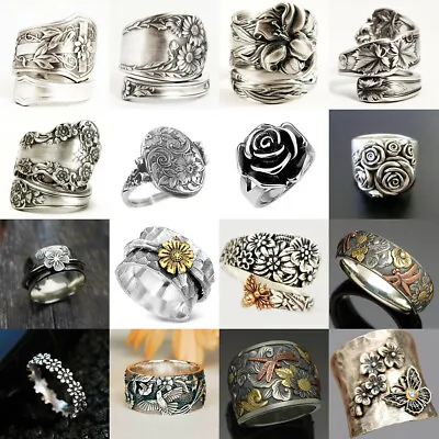 Women 925 Silver Ring Turkish Handmade Retro Flower Ring Wedding Jewelry Sz 6-10 • $1.60