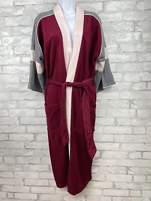 Vintage Unisex Velour Color Block Smoking Bath Robe Burgundy Kimono Sleeves OSFM • $12.99