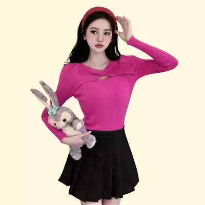 Autumn Korean Women Solid Round Neck Long Sleeve Chic Hollow Slim Knit Sweater • $17.82