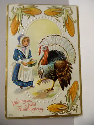 $4.99 • Buy Pc 2585 - Thanksgiving Postcard -  Girl In Blue Dress And Bonnet Feeding Turkey