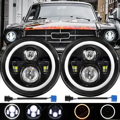 7  INCH Round LED Headlights Halo DRL Angel Eyes Pair For Ford Mustang 1965-1978 • $91.58