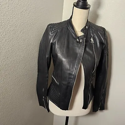 H&M Divided Black Cropped Faux Leather Moto Jacket Zip Sleeves Women’s Size 2 • $25.99