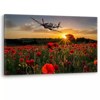 £34.95 • Buy Poppy Field Spitfire Poppies Remembrance Sunday Canvas Wall Art Picture Print