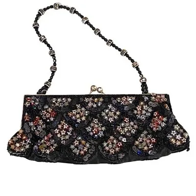 Black Sequin Evening Purse With Kiss Lock Clasp • $24.95