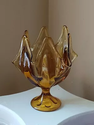 Vintage Viking Art Glass Epic Amber 6 Petal Swung Handkerchief Vase/Candy Dish • $24