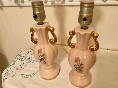 Pair Vintage  BEDROOM Vanity  Boudoir  Lamps Pale Pink /Flowers Gold Handles 11  • $69.99