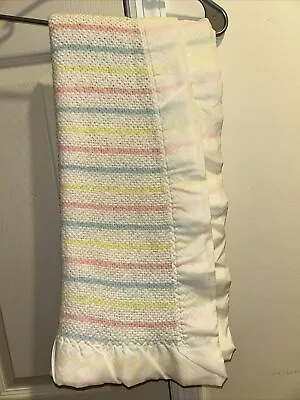 Chatham Vintage Baby Blanket White Blue Pink Yellow Stripes Waffle Thermal Nylon • $21.25