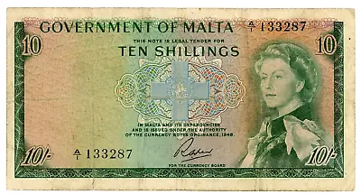 Malta ... P-25 ... 10 Shillings ... L.1949 (1963) ... *F+*😄 • $42.50