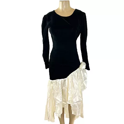 1980s Prom Dress Vintage Black Velvet White Satin Asymmetric Hem Flower 80s Glam • $34.99