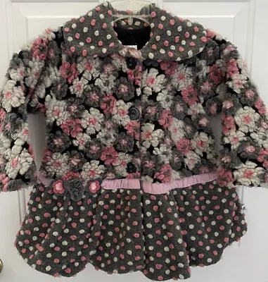 Corky & Co Coat Girls Gray Multicolor Floral Nubby Fleece Wool Blend Jacket Sz 6 • $18.90