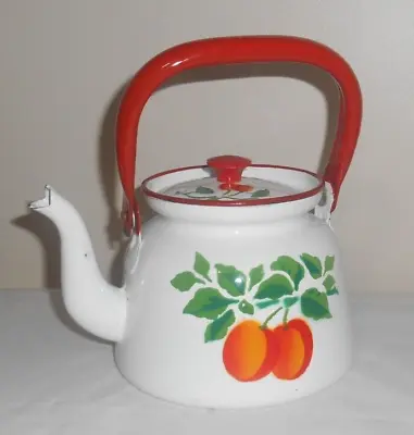 Teapot Kettle Enamelware Painted W/ Peaches Or Apples  Red Handle & Rim - POLAND • $32