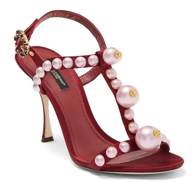 Dolce & Gabbana Keira Women's Faux Pearl Heels Sandals Bordeaux Size 39 / US 9 • $449.99
