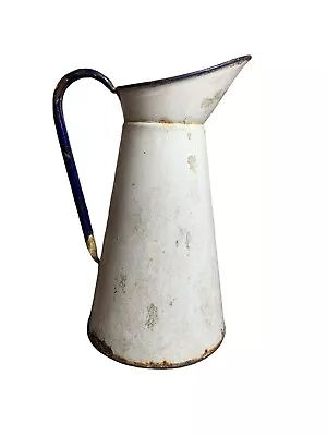 Large Vintage White Blue Enamel Jug Pitcher Planter Kitchen Flower Display Vase • $57.98