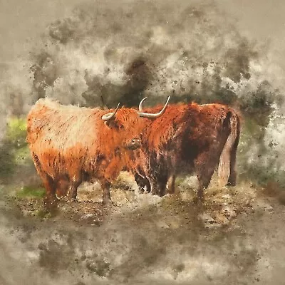 Crafty Cotton Art Linen Canvas Look Fabric Highland Cattle Cow Panel Upholstery • £5