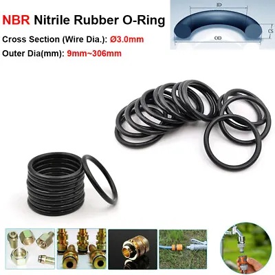 Wire Dia=3.0mm O-Rings NBR Nitrile Rubber Seals Washers O.D=9mm~306mm Black • £1.67