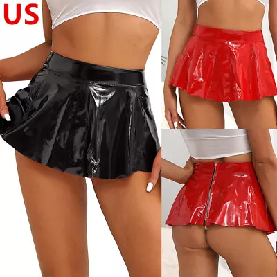 Women's Wet Look Faux Leather Flared Mini Skirt Latex Liquid Ultra Short Skirts  • $12.87