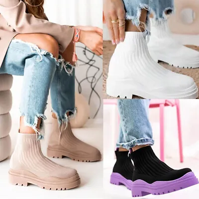 £5.99 • Buy Womens Ladies Flat Chunky Platform Sole Chelsea Slip Knitted Ankle Boots Shoes