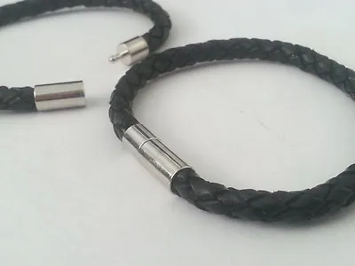 Genuine Leather Bracelet 6mm Braided Wristband Stainless Steel Clasp Mens Womens • £4.97