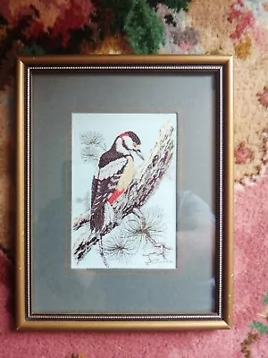 Lovely Little J & J Cash's Ltd Woven Silk Woodpecker Picture • £7.50