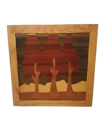 Vintage Inlaid Marquetry Wood Trivet / Wall Hanging Trees Landscape Picture 8x8  • $24.99