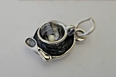 Sterling Silver 3D 12mm Small Tea Coffee Cup Saucer Spoon Charm • £22.89