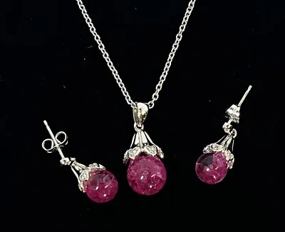 Pink Floating Opal Ruby Glass Globe Pendant Necklace & Earring Set Danbury Mint • $119.99