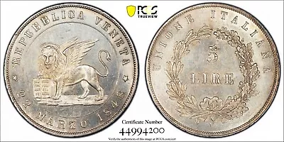 1848 Venice (Provisional Government). Beautiful Silver 5 Lire Coin. PCGS UNC+ • $1010.65