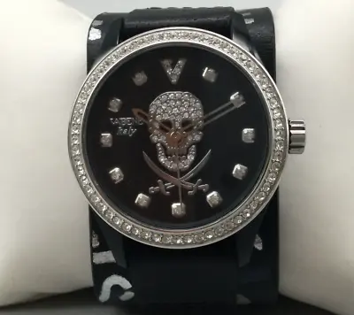 Vabene Pirate Watch Women Silver Tone Skull Leather Cuff Bling Italy New Battery • $44.99