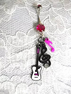 WHITE GUITAR - BLACK G CLEF & PINK MUSIC NOTE - 3 CHARMS 14g PINK CZ BELLY RING • $5.99