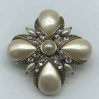 Monet Faux Pearl Rhinestone Maltese Cross Brooch Pin Blemished    • $11.24