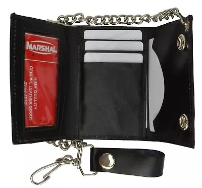 Genuine Leather Mens Black Trifold ID Wallet With Chain Biker Trucker Motorcycle • $11.99