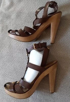 KORS M. Kors 75 Womens Natural Brown Leather Wooden Heel Platform Sandals Shoes • $19.99