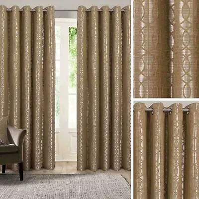 Gold Eyelet Curtains Geometric Jacquard Ready Made Lined Ring Top Curtain Pairs • £5