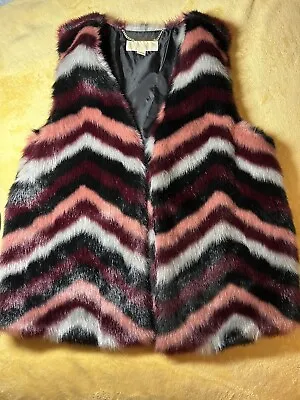 Chevron Vest NWT Michael Kors MICHAEL Women M Faux Fur Pink Burgundy White Black • $40