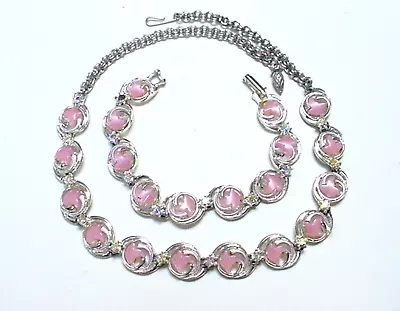 Vintage Pink Thermoset & Ab Rhinestone Demi Parure Bracelet Necklace Set • $30